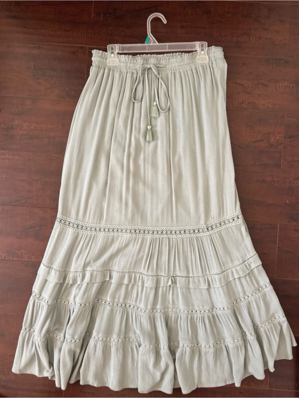 Women’s Light Sage Tiered Maxi Skirt with Drawstring Waist